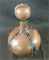Ornate Italian wine decanter leather-covered, 7"