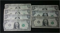 Seven 1969 USA $1 bills - legal tender