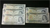 Five 1973 Canada $1 bills