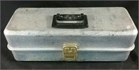 Metal tackle box with contents , 17" x 7" x 6"