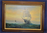 Large 32" x 43" Oil on Canvas Charging Ships