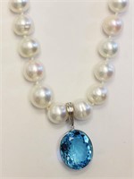 14kt White Gold Blue Topaz Pendant & Pearl Necklac