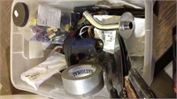 Small tub lot with tools and hardware, including