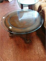 Round Wood tropical style glass top coffee table