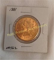 1881 $10 LIBERTY 1/2 OZ. GOLD COIN MS62