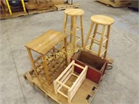 2 BAR STOOLS, 2 WINE RACKS, RED WOODEN CRATE