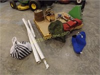 WOODEN SEWING BUCKET, LAMPS, CURTAIN RODS, MORE