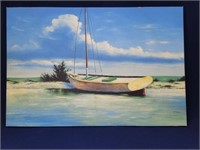 Large Blue Sailboat Painting on Canvas