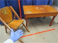 vintage child's table & folding chair (both small)