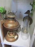 Shelf Lot-4 Oil Lamps-2 Glass & 2 Brass(1 is