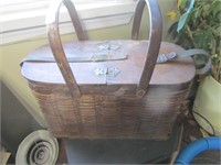 Antique Wooden Picnic Basket w/Strap & Tin Insert