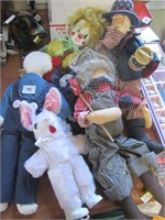 6 Dolls-Bunny,Clown,amish,Porcelain,2 Americana