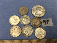 Lot of 1 silver quarter and 7 silver dimes