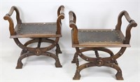PAIR OF TOOLED LEATHER ROMAN CAMP FORM BENCHES