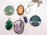 (7) Silver & Polished Stone Pendants(1 with Chain)