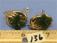 Pair of ladies gold earrings with jade accents  Fr