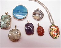 (7) Silver Polished Stone Pendants (1 With Chain)