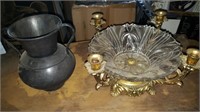 Ornate cut glass bowl and candle holder with