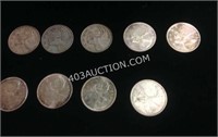 Lot of 9 Canadian Silver Quarters - 1939 - 1964