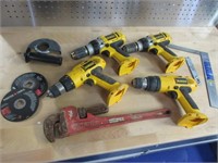 4 dewalt drills (no batteries) -fuller 18in wrench