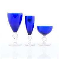 Partial set of cobalt and clear glassware
