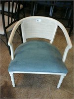 White wood blue cushioned accent chair