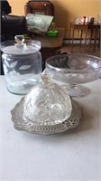 2 Etched glass pieces and butterdish