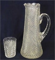Cut Glass 11" tankard pitcher w/one tumbler