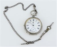 1884 Sterling Silver Pocket Watch.Key Wind.Chain