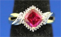 LADIES RUBY & DIAMOND GOLD WASH OVER STERLING RING