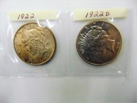 2 Peace Silver Dollars 1922 & 1922d