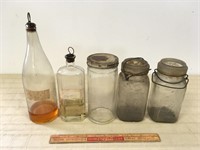 COVERED CANNISTERS 7 ANTIQUE BOTTLES