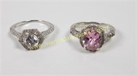 2) Sterling Silver Rings - Pink Stone & CZs