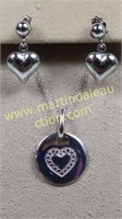 Sterling Round Heart Diamond Necklace & Earrings