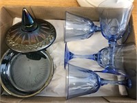 BLUE GLASS STEMWARE & CARNIVAL GLASS CANDY DISH