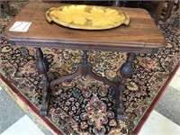 VINTAGE SIDE TABLE & HAND CARVED WOOD TRAY