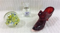 Group of 3 Including Sm. Red Hobnail Glass Shoe,