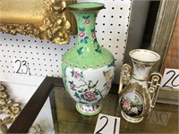 12" ENAMELED & BRASS VASE AND 8" CERAMIC VASE