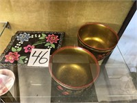 RUSSIAN PAINTED WOODEN BOWLS & TRAY