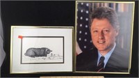 Framed picture of Bill Clinton and Framed Drawing