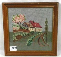 Needlepoint of a House in a Field