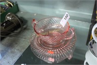 PINK DEPRESSION GLASS HANDLED BOWL AND UNDERPLATE