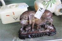 CARVED SOAPSTONE SOW WITH PIGLETS FIGURINE ON