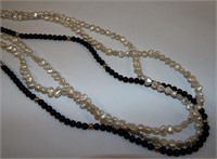 Pearl, Onyx And Gold Bead 3 Strand Necklace