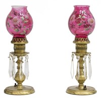 (2) MOSER CRANBERRY FLORAL BRASS TABLE LAMPS