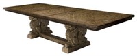 OAK PARQUETRY DINING TABLE, STONE RAMS HEAD BASE