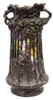 ART NOUVEAU STYLE STAINED GLASS BRONZE LAMP, KT