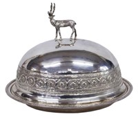 SILVER PLATE MEAT DOME SURMOUNTED BY STAG FIGURE