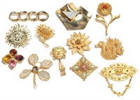 12 Gilt Metal & Faux Gemstone Costume Brooches