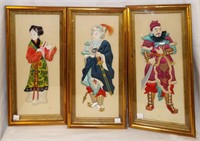 Set Of 3 Framed Oriental Fabric Figures